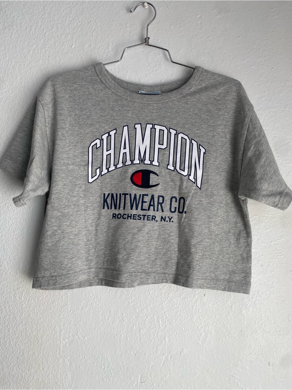 Vintage good quality- Champion Gray Crop Tee with Knitwear Co. Logo